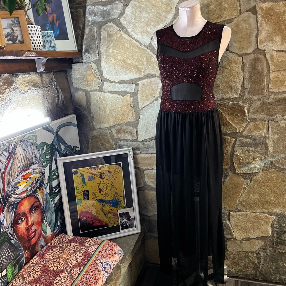 FD Red Glitter Mesh Panel Maxi Dress